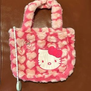 Hello Kitty Logo Faux Fur Fluffy Hearts Handbag Shoulder Purse New
